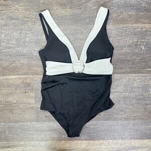 NWT Calzedonia black with white trim V-neck one piece swimsuit size XL  B161